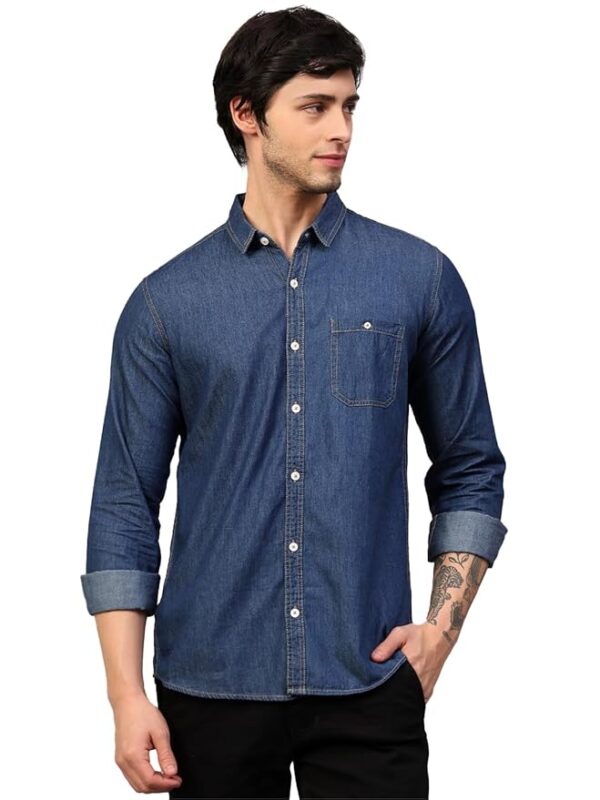 Mens Solid Denim Full Sleeves Slim Fit Spread Collar Casual Shirt with Double Pocket,KSMS-01-DENIMBLUE