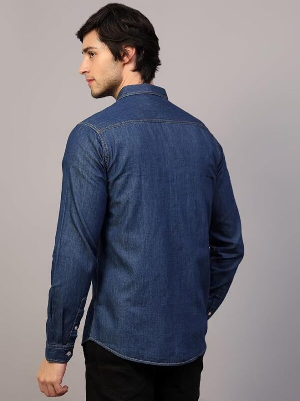 Mens Solid Denim Full Sleeves Slim Fit Spread Collar Casual Shirt with Double Pocket,KSMS-01-DENIMBLUE - Image 4