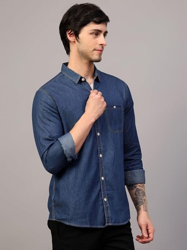 Mens Solid Denim Full Sleeves Slim Fit Spread Collar Casual Shirt with Double Pocket,KSMS-01-DENIMBLUE - Image 3